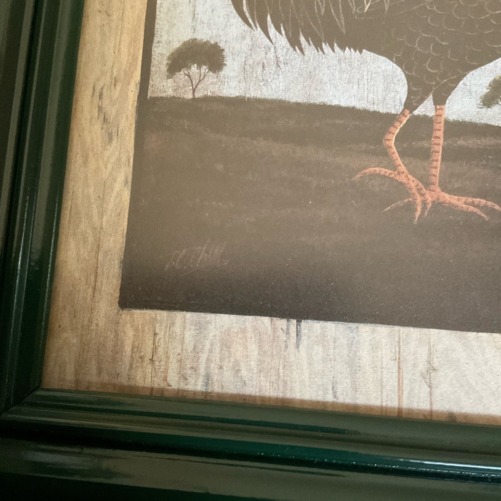 Vintage Framed Rooster Signed Art Picture, Farmhouse, Hunter Green - Picture 4 of 11